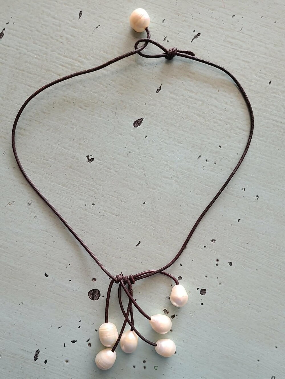 Handcrafted Brown Leather Necklace with Cream Pearl Clusters